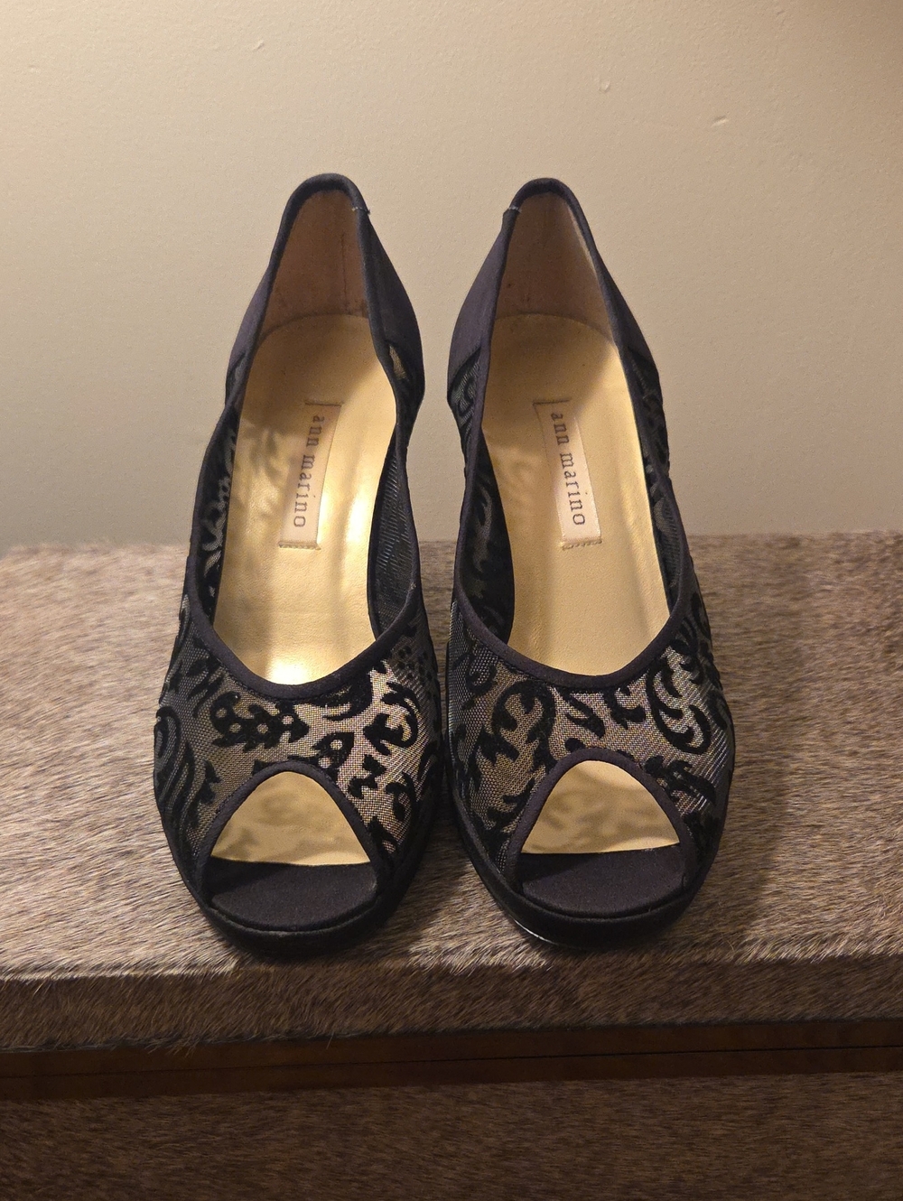 Ann Marino Black Peep-Toe Jacquard Heels